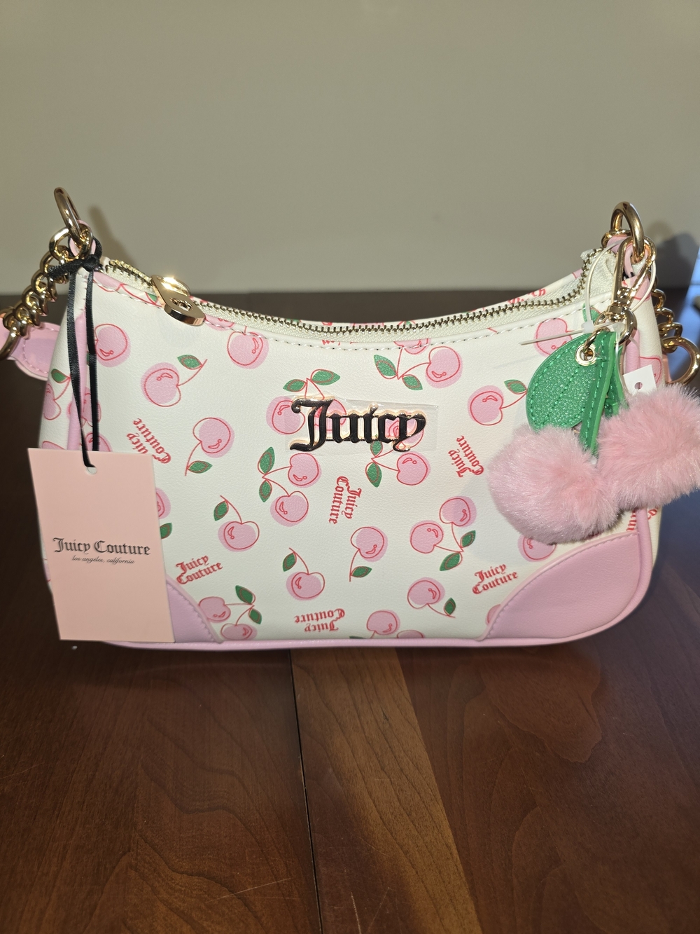 Juicy Couture White Cherry Print Shoulder Bag with Pink 💕 Accents and Gold Logo